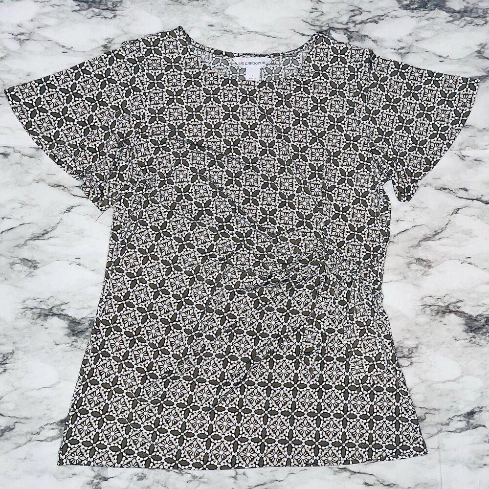 Liz Claiborne Short Sleeve Shirt Side Wrap Geo Green Women S Boho Fairy Cottage